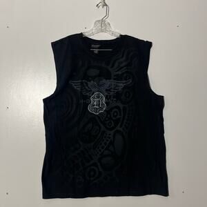 Vintage Y2K HARLEY-DAVIDSON Black Skull All Over Print Biker Tank Top Mens XL